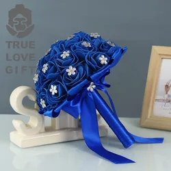 1 Pcs Wedding Bouquets Blue Ribbon Bow Artificial Rose Flowers Hand Bunch Bridal Holding Wedding Supplies Decorations