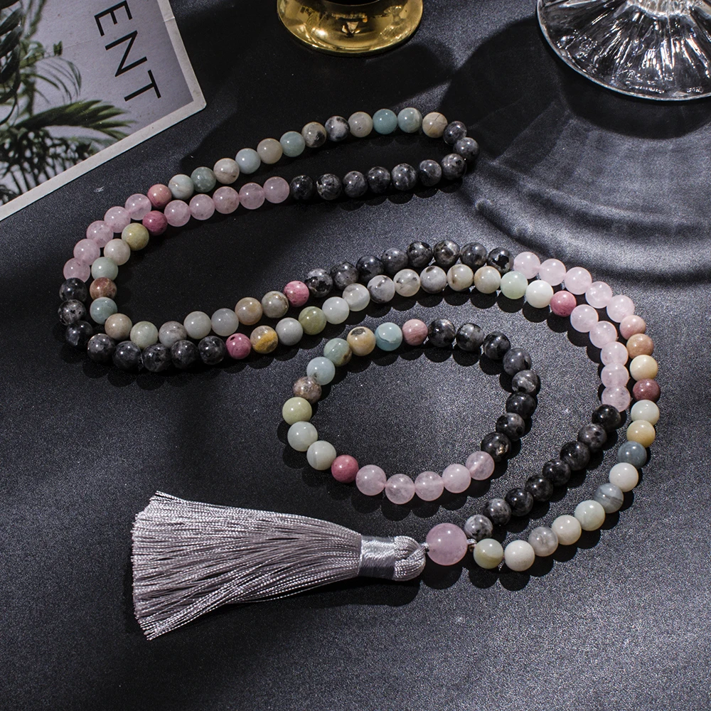 

8mm Amazonite Rose Quartz Labradorite Beaded 108 Mala Necklace Set Meditation Prayer Jewelry Japamala Rosary for Men and Women