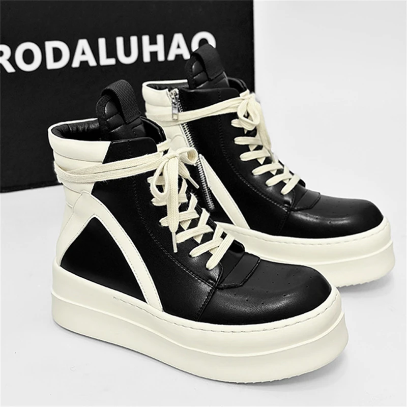 

Men's Height-increasing Round Head Shoes Black And White High Tube Lace-up Thick-soled Versatile Couple Shoes Large Size Boots