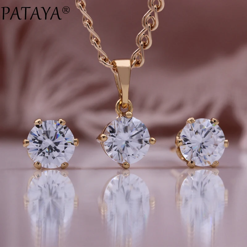 PATAYA Champagne Gold Color Exquisite Round Natural Zircon Dangle Earrings Pendant Sets Women Party Jewelry Set Gift