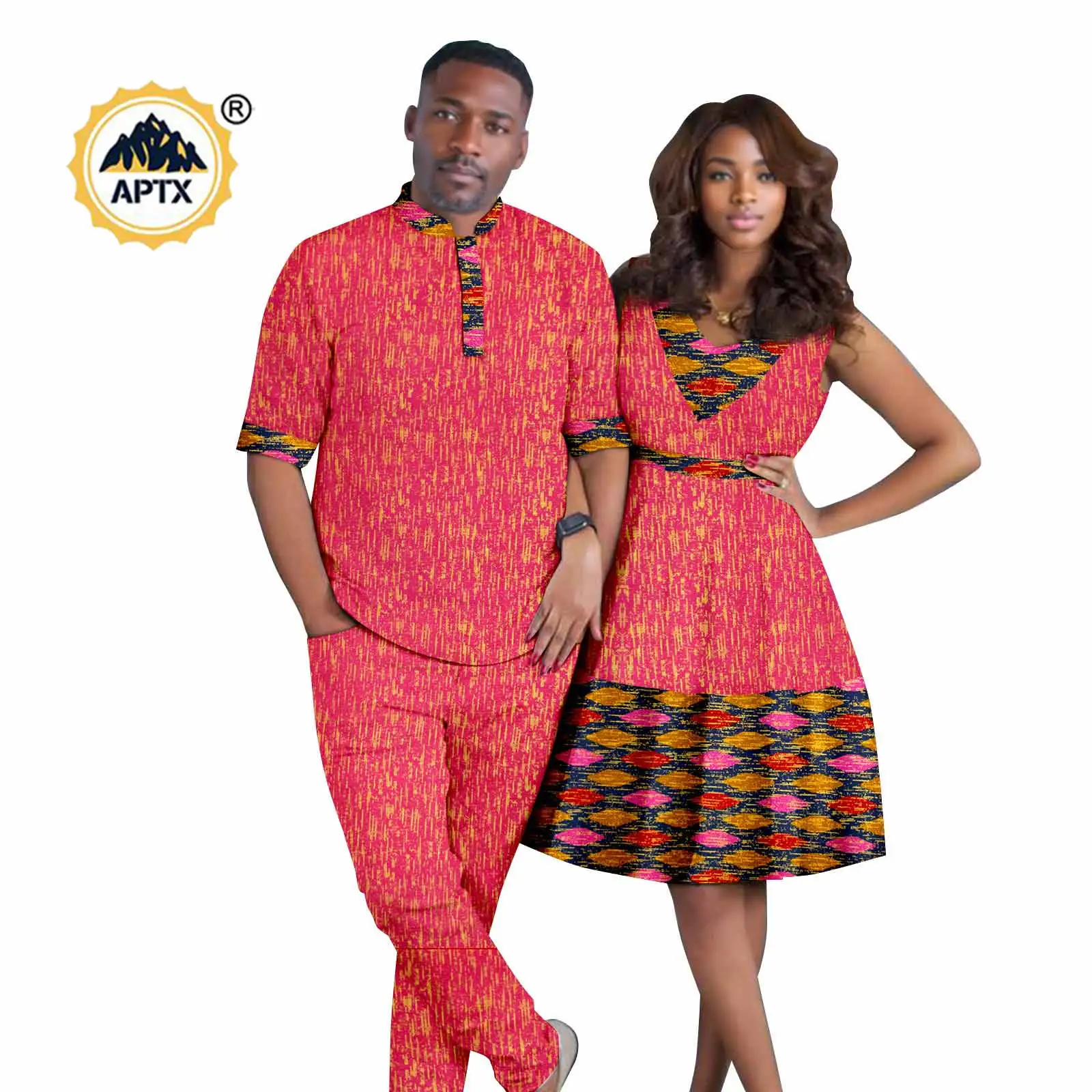 

African Print Dresses for Women Matching Couple Outfits Summer Men Patchwork Top and Pant Sets Dashiki Party Wedding 24C087