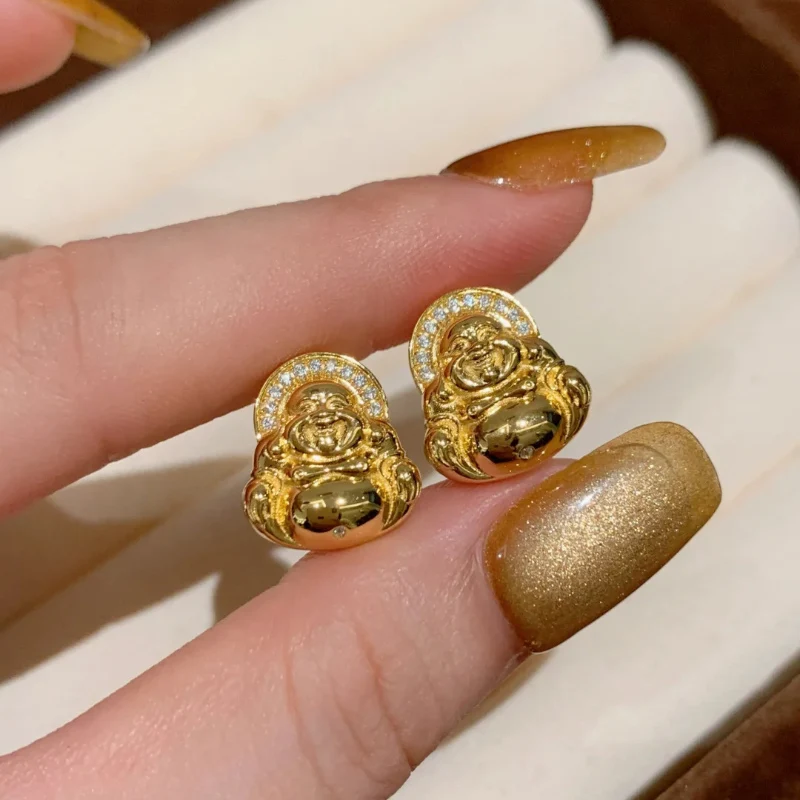 Chic Gold-plated Mini Buddha Earrings For Women Light Luxury Fashion Exquisite Inlay Zircon Happy Maitreya Earring KOFSAC