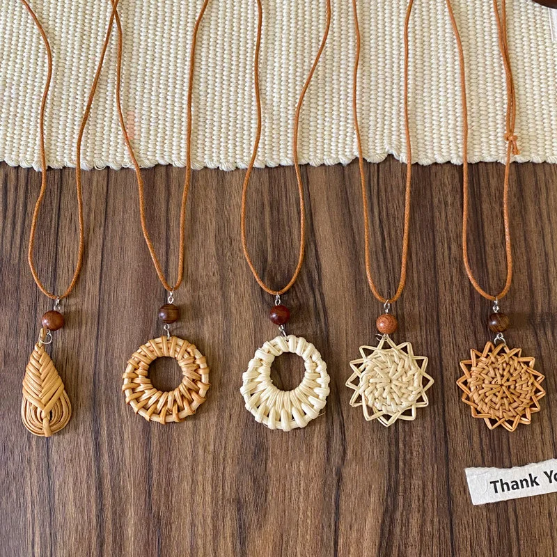Sunflower Pendant Necklace Boho Handwoven Long Summer Beach Sweater Chain Cotton Cord Gold Tone Alloy Hook Lightweight for Women