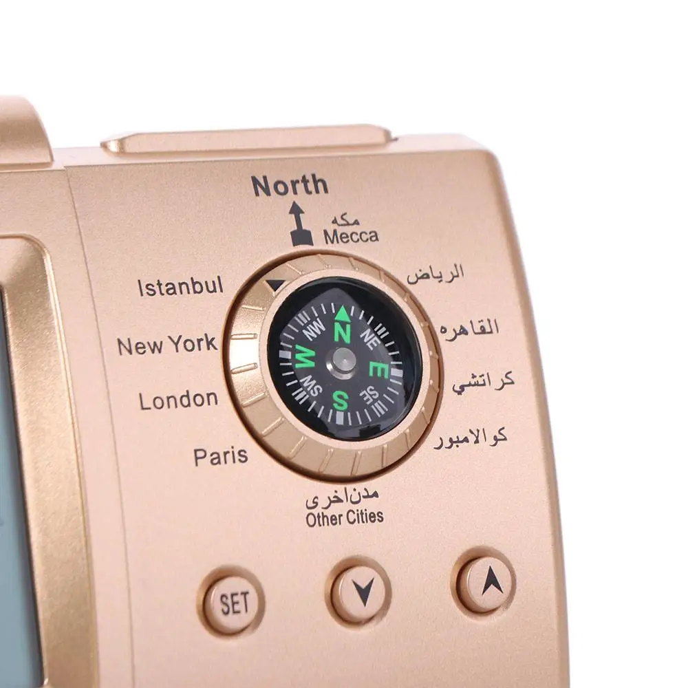 Multi-purpose Muslim Table Clock Hijir Calendar with Adhan Alarm Tabletop Muslim Clock Temp Display with Qiblah Direction