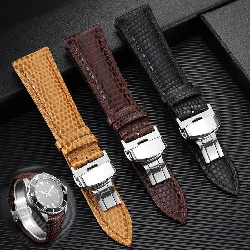 16mm 18mm 20mm 22mm Genuine Leather Lizard Skin Pattern Watch Band Luxury Cowhide Universal Replacement Band Deployment Buckle