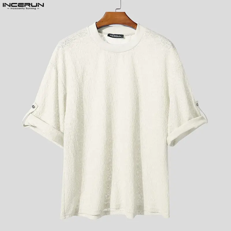 

INCERUN Men T Shirt Jacquard See Through O-neck 3/4 Sleeve Male Tee Tops Streetwear Loose Sexy Fashion Casual Men Clothing S-5XL