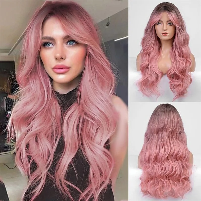 Long curly hair wig with middle parting, wavy bangs, corn perm, light vine color, water wave pattern, European and American styl