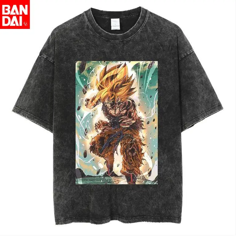 

Dragon Ball Z Super Saiyan Goku Battle Damaged Vintage Wash Print T Shirt Men 2026 Summer Black Oversized Tee Anime Streetwear