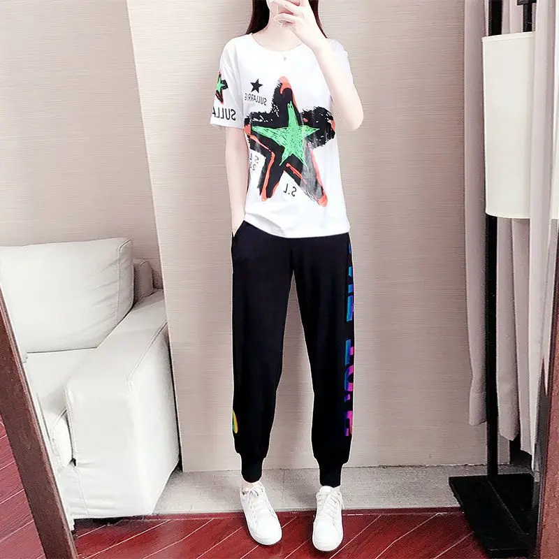 Women\'s 2023 Spring Summer New Casual Sports Suit Short Sleeved Printed T Shirt And Harem Pants Two Piece Set For Women Clothing