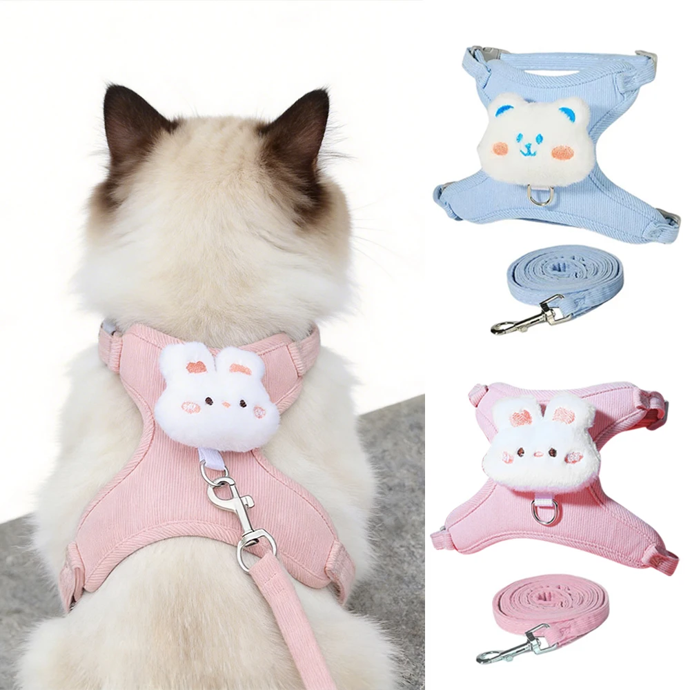 

Cute Doll Backpack Cat Harness Set Plush Toy Vest with Leash, Adjustable Escape-Proof Soft Mesh Harness for Small Cats Kitten