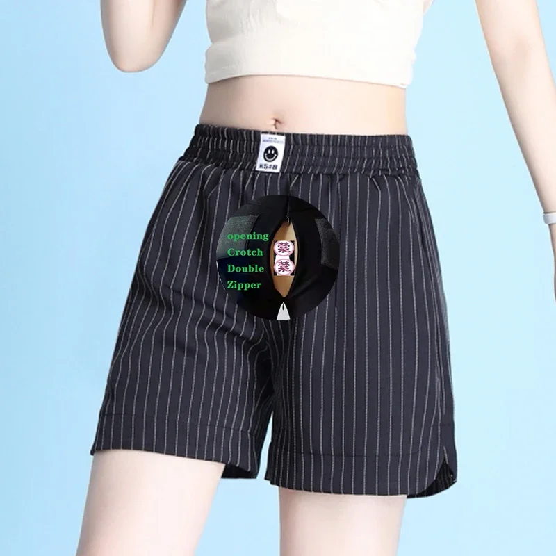 レディースパンツ クロッチジッパーオープン ハイウエスト ワイドレッグ ショートパンツ レディース 夏新作 ルーズ カジュアルパンツ Aラインスタイル 薄手 スポーツ