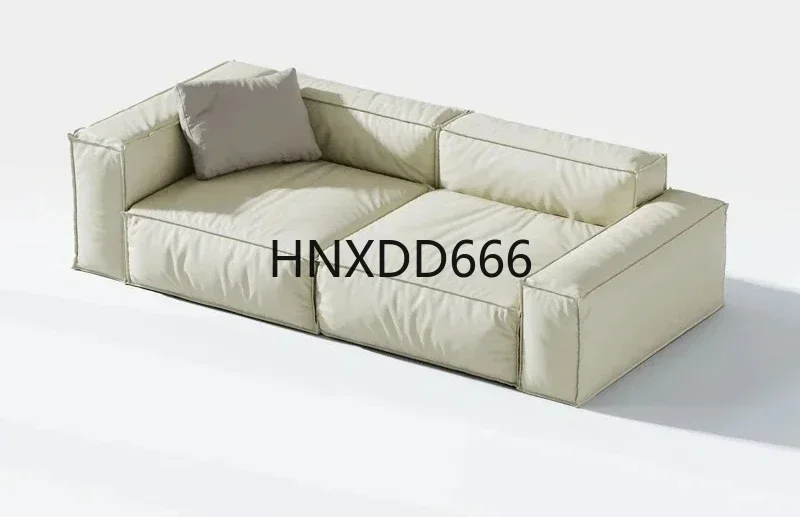 Modern Four-Seat Tofu Block Leather Sofa, Full First Layer Leather, Living Room