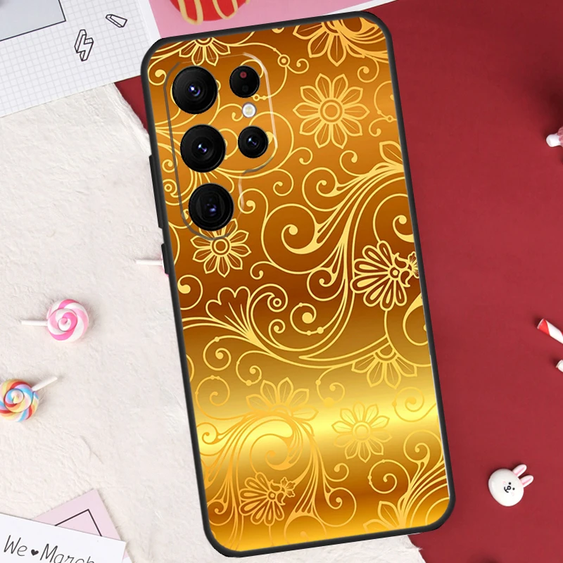 Gold Floral Pattern Case For Samsung Galaxy S20 FE S21 S22 S23 Ultra S9 S10 Note 10 Plus Note 20 Ultra Cover