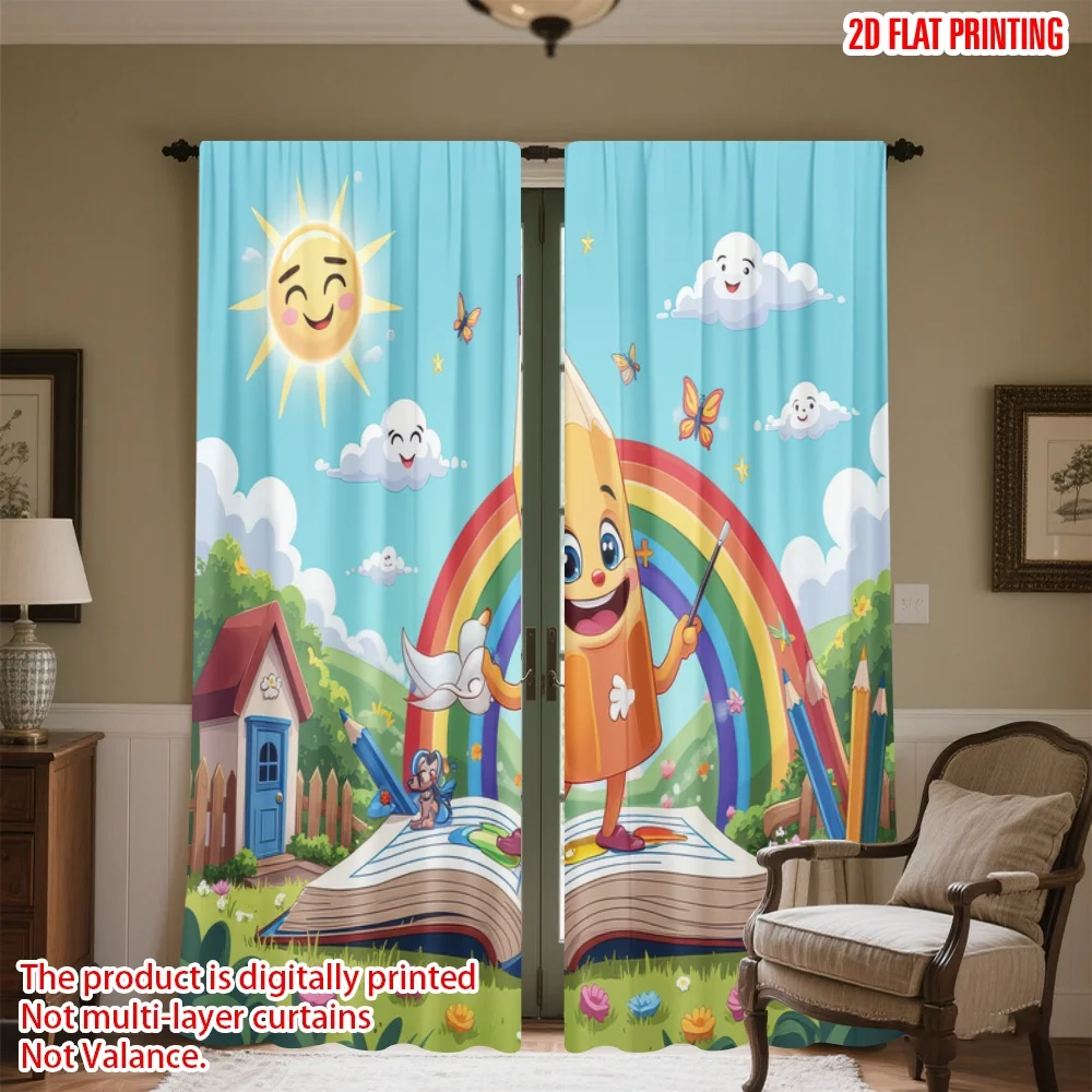 

2D flat printing 2pcs Curtain Rainbow Pencil Adventure Digital Printed Polyester Drapes Party Decorations Use for Indoor