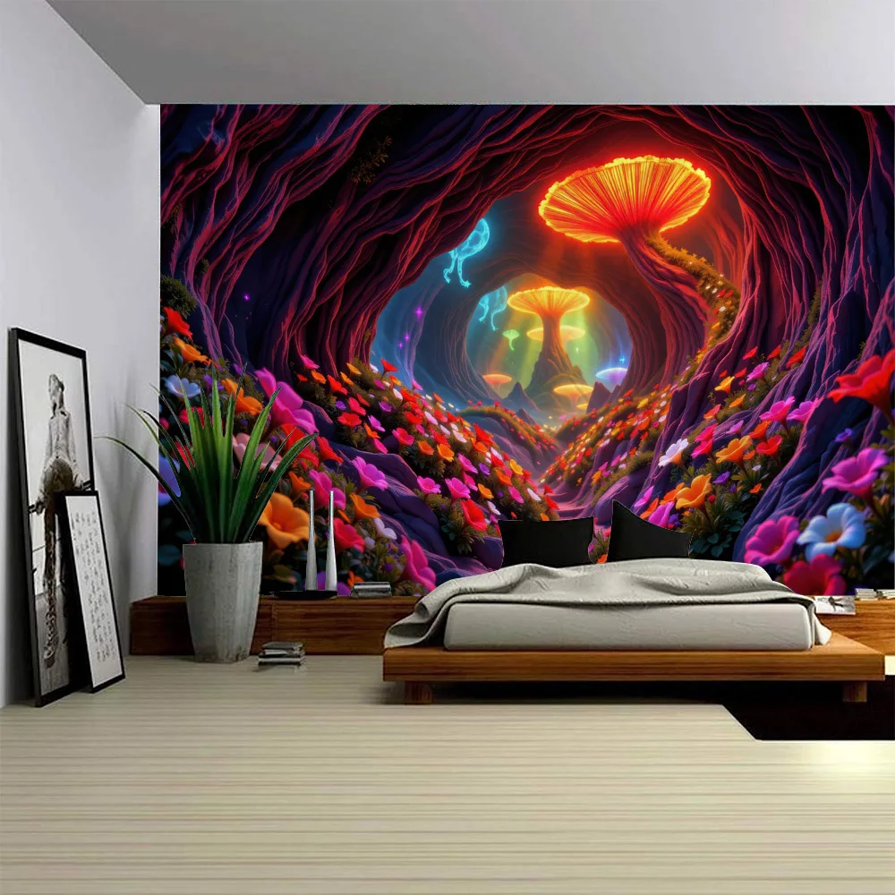Psychedelic Mushroom Forest Tapestry - Fabric Wall Hanging Home Decor Poster for Bedroom Landscape Art