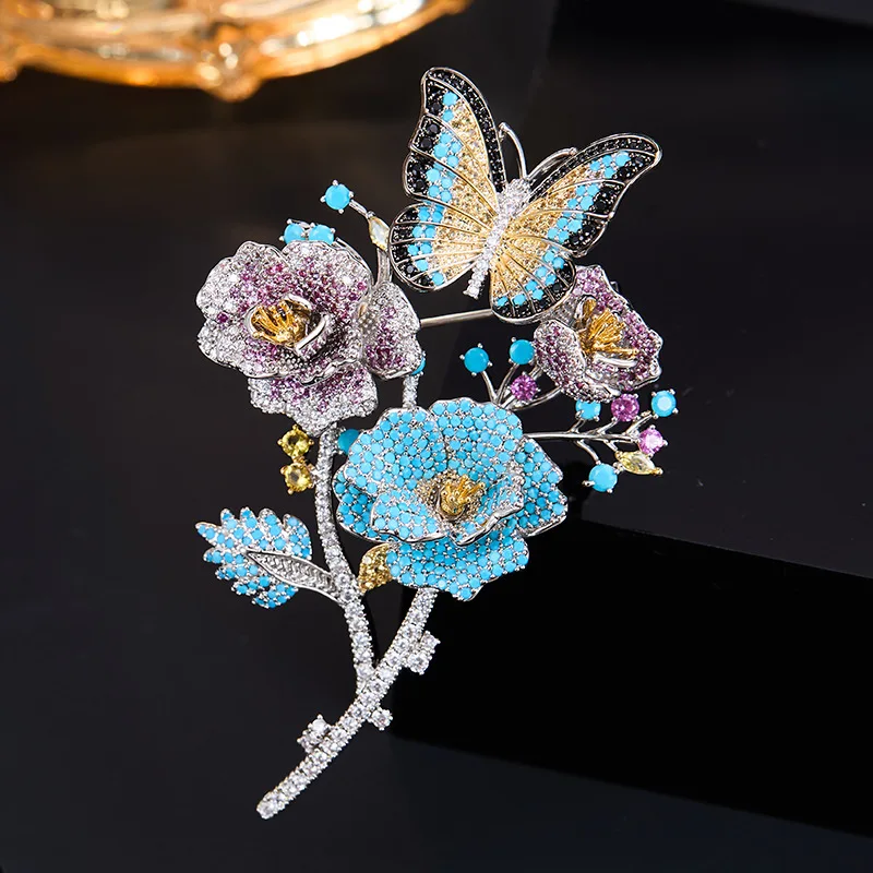 Light Luxury Color Block Butterfly Flower Brooch, Full Zircon Branch Pin, New Chinese Style Versatile Jacket Accessory for Women