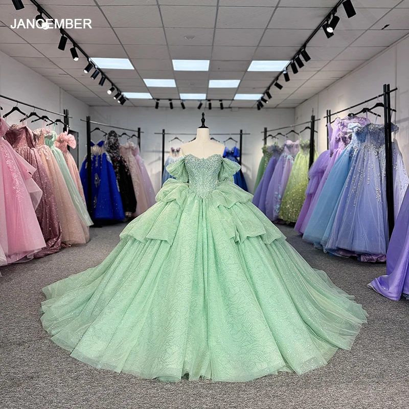 Green Scoop Neck Quinceanrra Prom Dresses Beautiful Beaded Customized Princess Long Glitter Sweet 16 Dress Vestidos DY1263