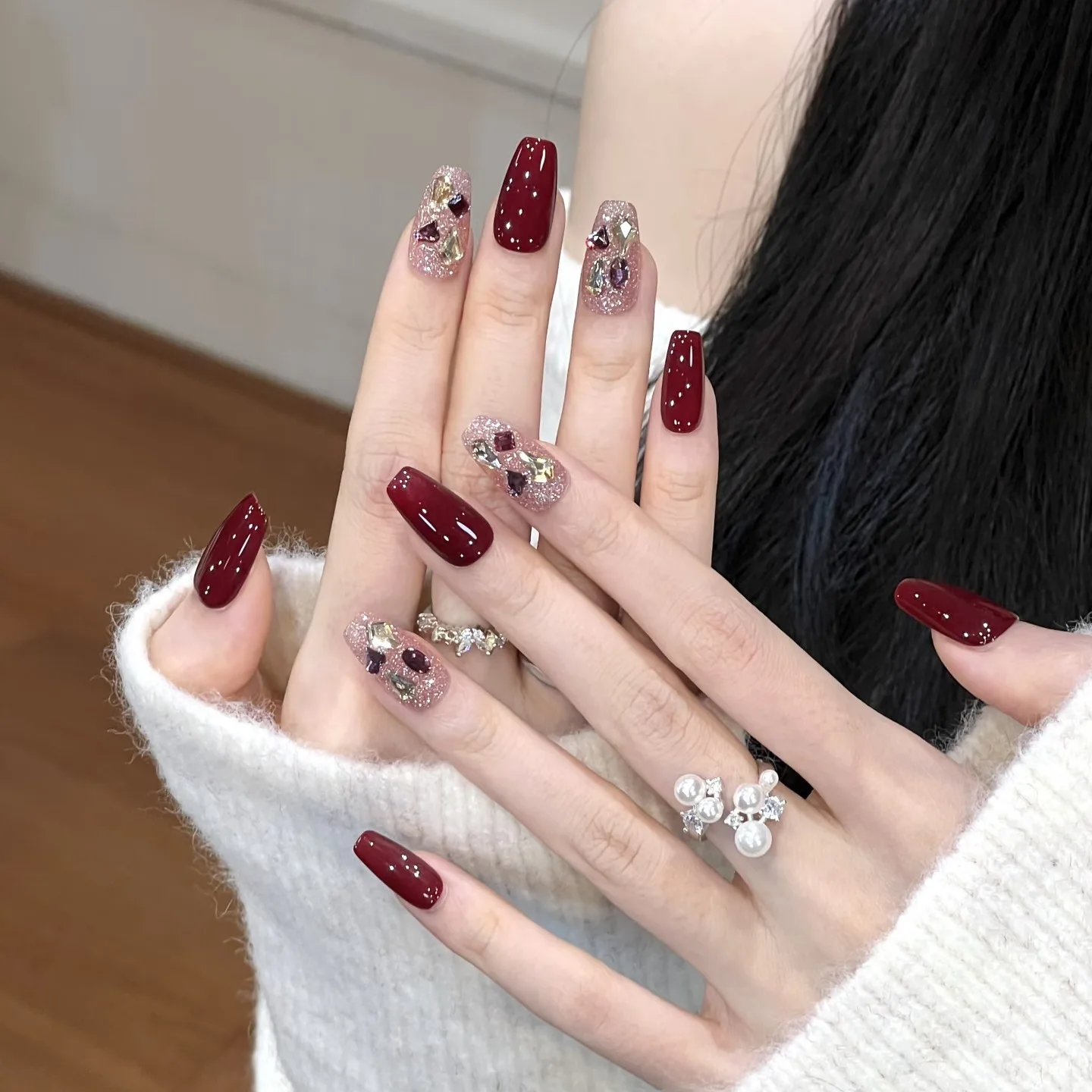 

10 шт., вишнево-красные накладные ногти ручной работы, кошачий глаз, пресс на ногтях, украшения с маленькими бриллиантами, носимые накладные ногти