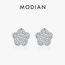 Modian Simple Full CZ Stud Earrings Fashion 925 Sterling Silver Flower Lovely Earring For Women Girls Party Accessories Jewelry