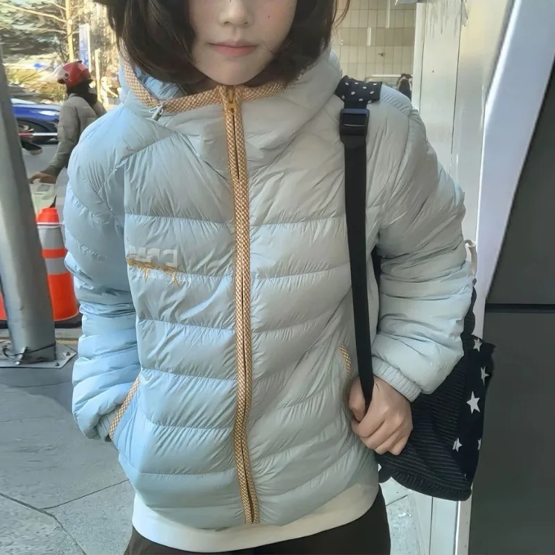 Sweet Cute Hooded Padded Jacket Women's Winter New Pork Rib Thread Parkas Girls Color Blocking Lock Edge Soft Lightweight Coats