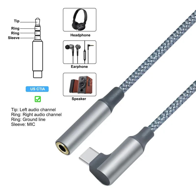 직각 USB C 나일론 브레이디드 케이블 타입 C에서 3.5MM 헤드폰 이어폰 여성용 오디오 잭 어댑터 변환 케이블