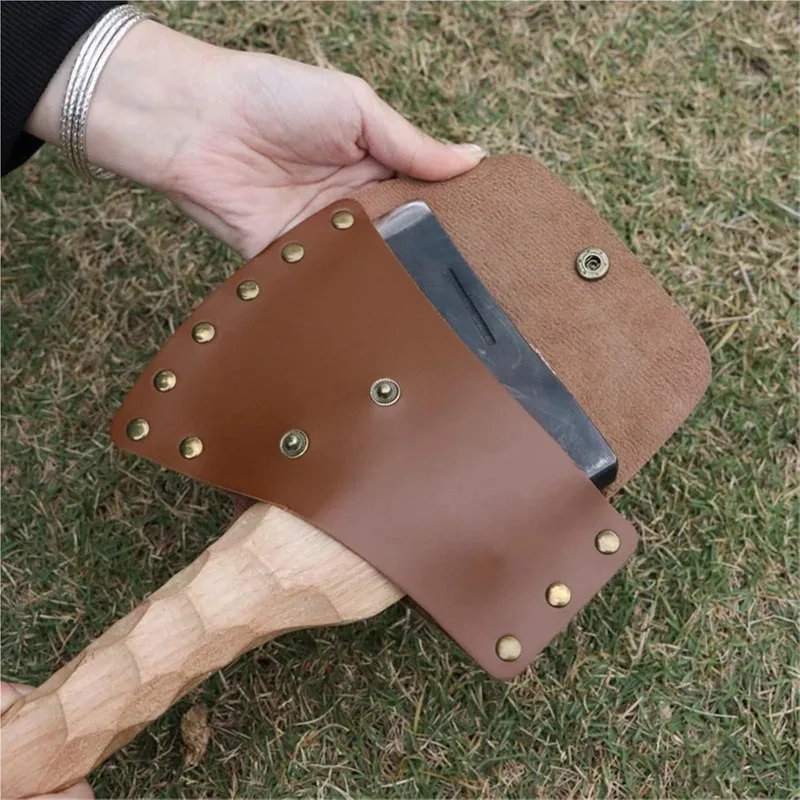 Leather protective case for safe storage and transportation of axe blades, suitable for camping, hiking, and outdoor exploration