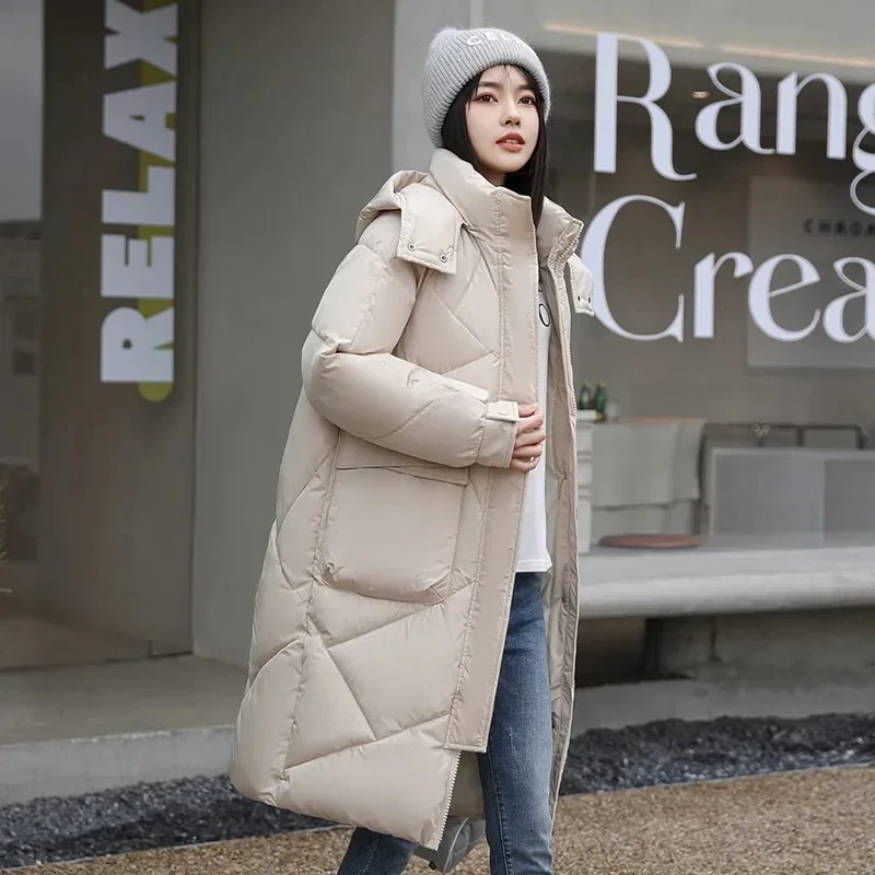 Women's Solid Big Pocket Hooded Jackets Casual Long Coat Autumn Winter Parka Rhombic Lattice Loose Down Cotton Overcoat