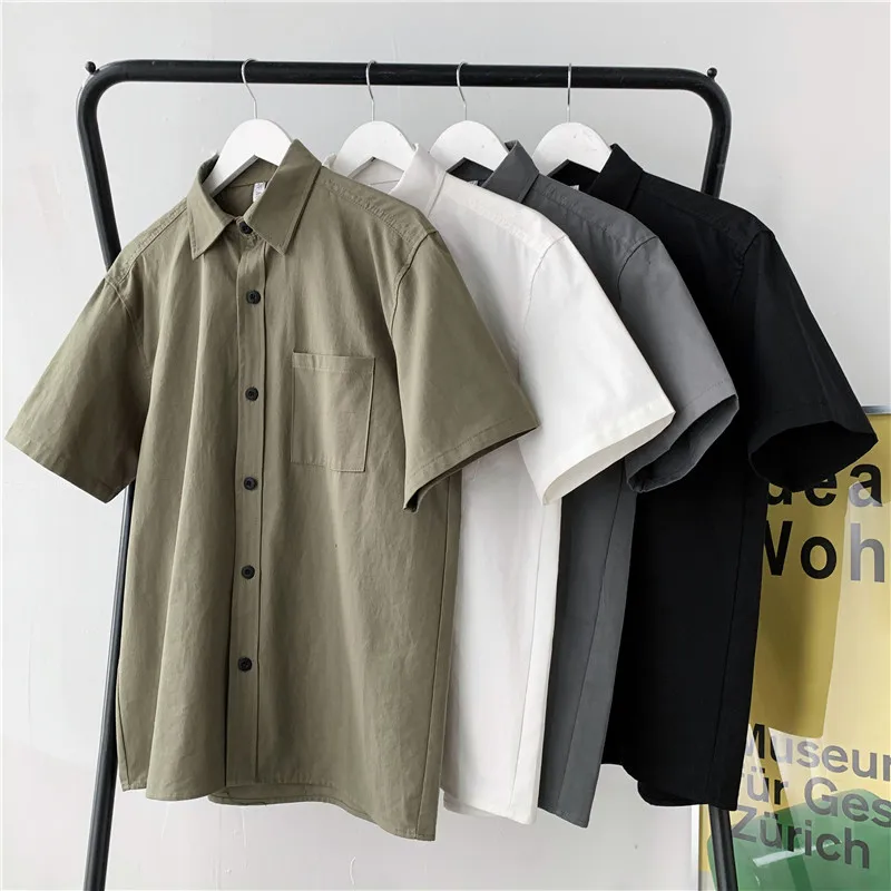 Korean Fashion Men\'s 100% Cotton Shirts Short Sleeve Button Down Summer Tops with Pocket