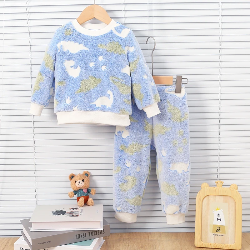 Baby Boys Autumn/Winter Plush Night Fluorescent Home Fur Baby Warm Pajama Set Fashionable and Comfortable Child Accessories