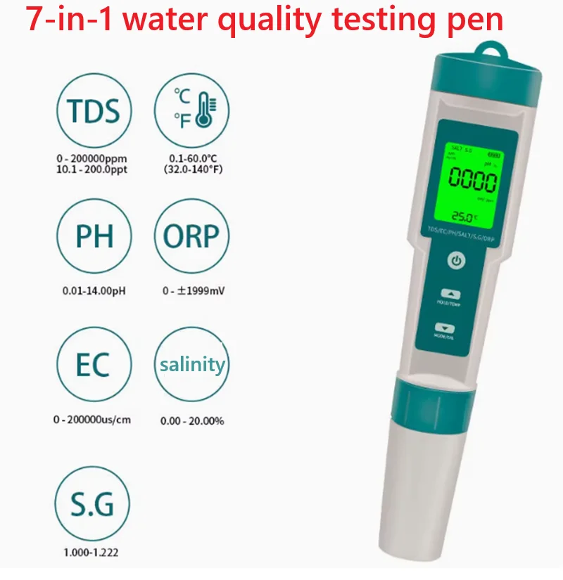 Seven in one water quality testing pen PH/TDS/EC/salinity/SG/ORP/temperature portable eight function pH testing pen