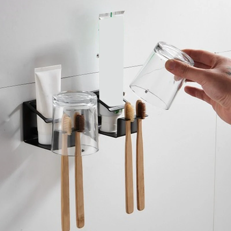 Upgraded Stainless Steel Toothpaste Toothbrush Cup Holder Black Garden Self-adhesive Accesories Tandenborstelhouder Zwart