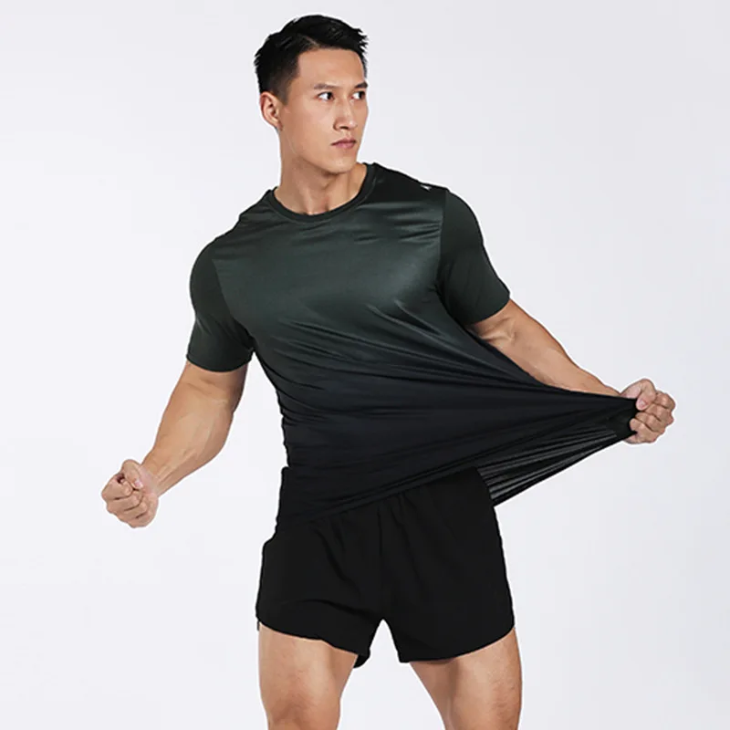 

(M-3Xl)Running Quick Dry Sports T-Shirt Men Elastic Short Sleeve Tee Shirt Round Neck Gradient Color Gym Crossfit Fitness Tops