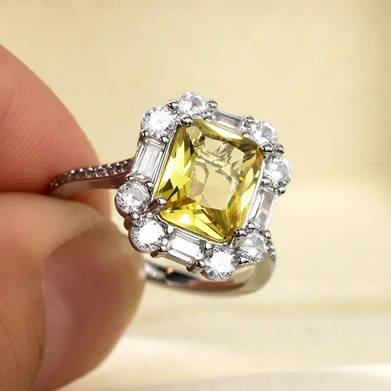 Huitan Gorgeous Square CZ Design Women Wedding Ring Marriage Ceremony Party Bridal Finger  Yellow Color Stone Luxury Jewelry