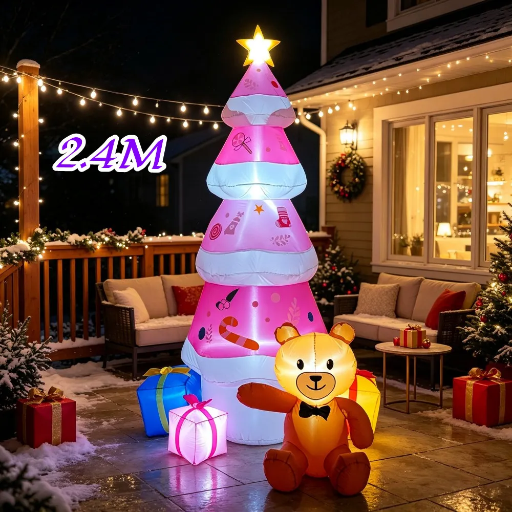 Giant Inflatable 2.4M Christmas Inflatable Pink Tree Teddy Bear Gift Pack LED Lights Indoor Outdoor Courtyard Balcony Decoration