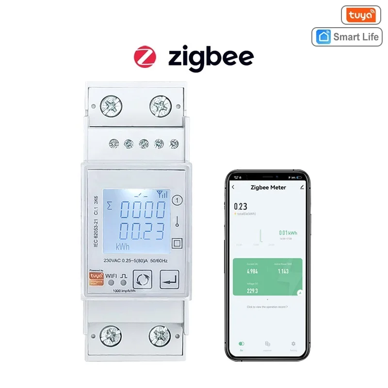 Nowy Tuya Smart ZigBee Energy Meter Jednofazowy 80A Din Rail Power Monitor KWh Watomierz Woltomierz Amperomierz 110V 220V 50/60Hz