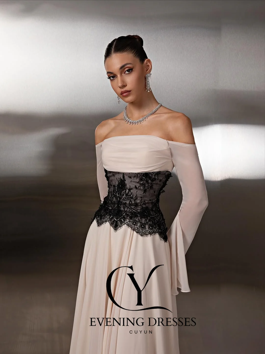 CUYUN Boat Neck Chiffon and Lace Evening Dresses Formal Customized Prom Gown Long Sleeves Elegant Party Dress for Wedding Guest