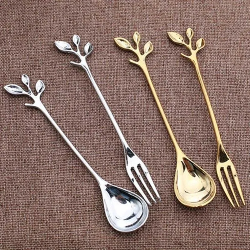 Alloy Gold Shaped Leaves Silver Copper Coffee Forks Fork Kitchen Cutlery Dining Room Snack Bar Sweet Dinner Set 12cm