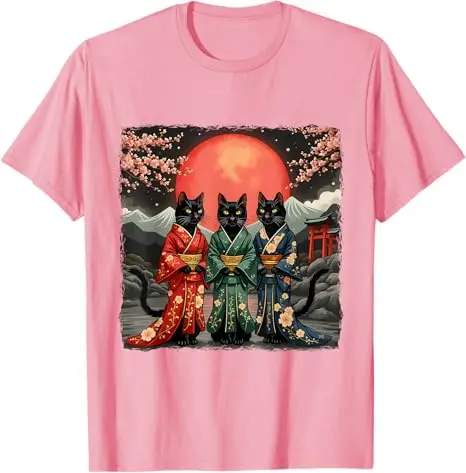 مضحك القط الجيشا انمي ياباني لطيف كيتي Kawaii الفن تي شيرت أنيق اليابان كيمونو القط الكرتون الجرافيك المحملة Y2k الملابس الجمالية