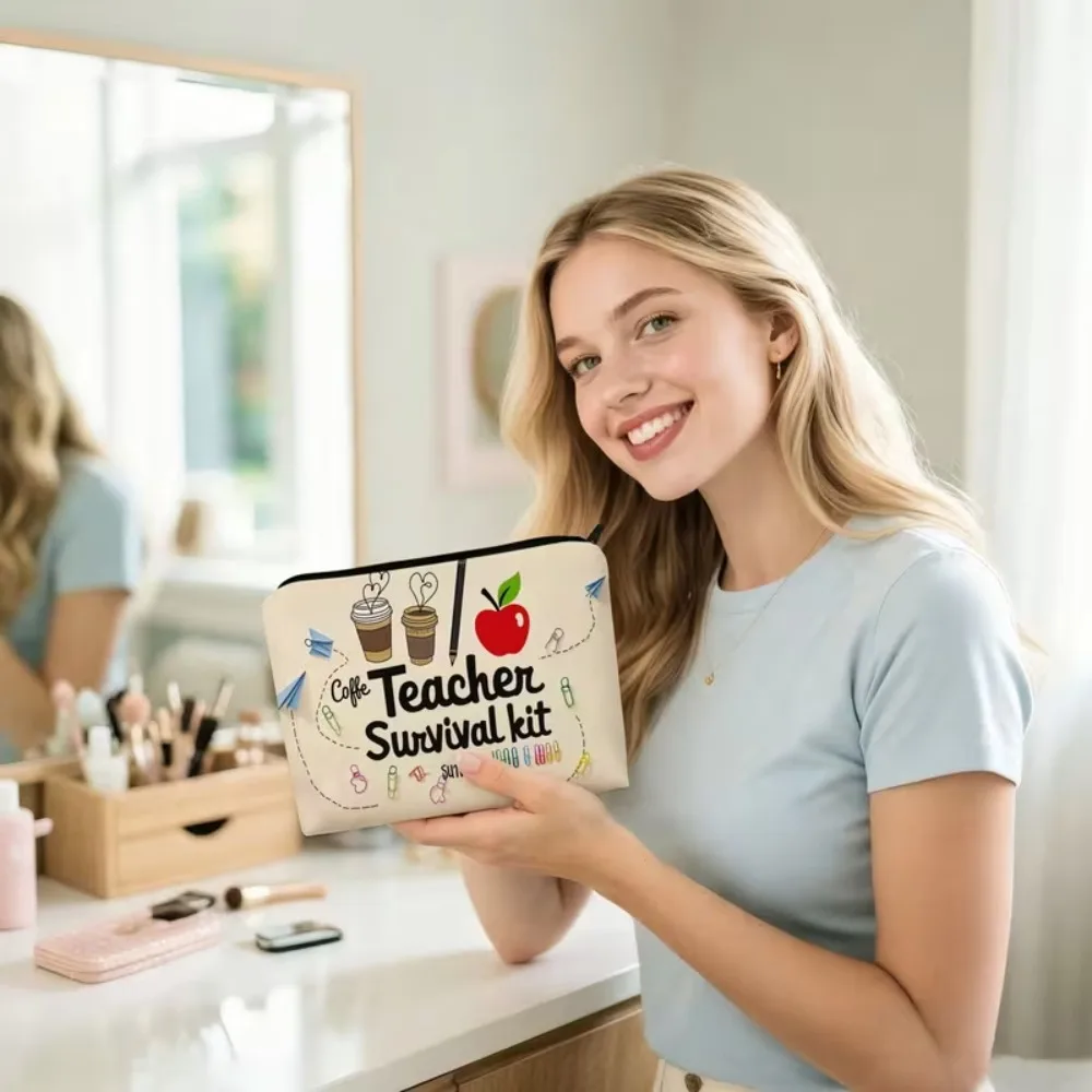 Teacher Survival Kit Canvas Makeup Pouch Cute Apple Coffee Print Zipper Bag Perfect Gift for Teachers School Season Present
