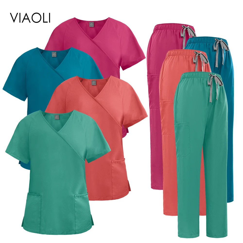 

New Fresh Colors Beauty Workwear Hospital Nurse Uniforms Surgical V-neck Top Straight Pants Medical Dentist Nursing Scrubs Suit