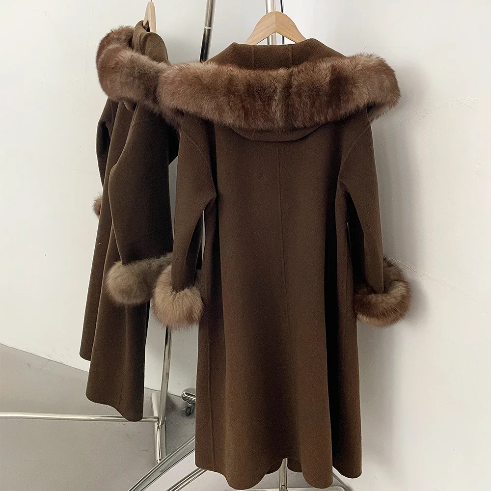 OFTBUY New Winter Warm Hood Solid Woolen Overcoat for Women Long Wool Blend Coat Women Real Fox Fur Belted Waist Jacket Female