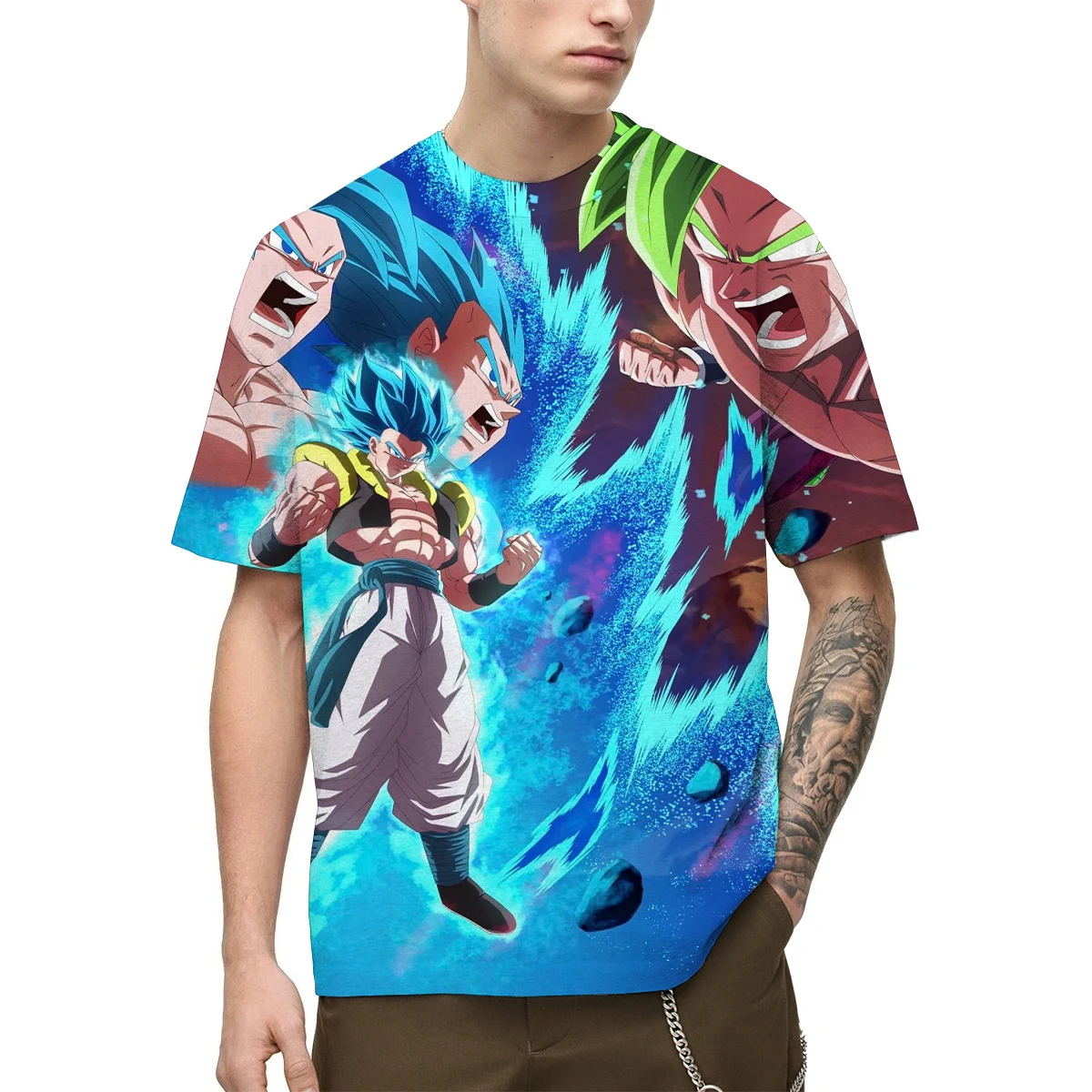 تي شيرت رجالي مطبوع عليه Dragon Ball Anime ثلاثي الأبعاد، شخصيات Gogeta & Broly جرافيك على شكل تي شيرت فيوجن وتصميم عنصر التصادم للطاقة #1