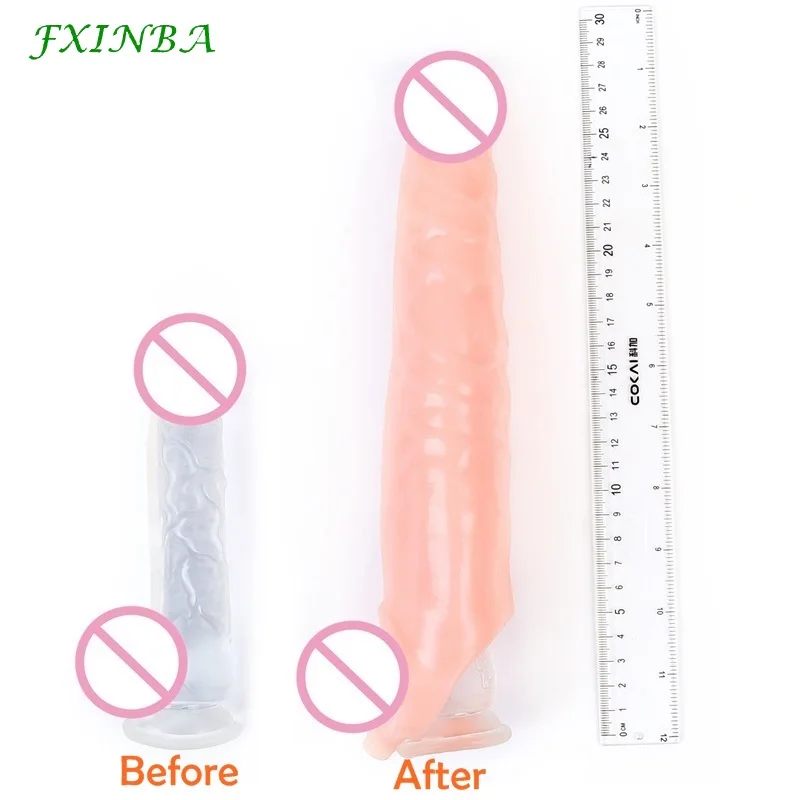 FXINBA 28cm Large Penis Extender Sleeve Realistic Delay Ejaculation Reusable Condom Sex Toys For Men Penis Sleeve Extention