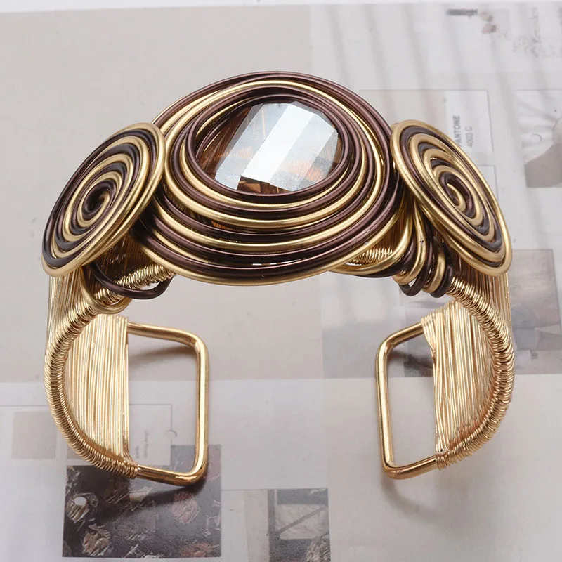 Exaggerated Metal Wire Winding Cuff Bangles Big Brown Rhinestone Heavy Metal Bracelet For Women Personality Jewelry Gifts
