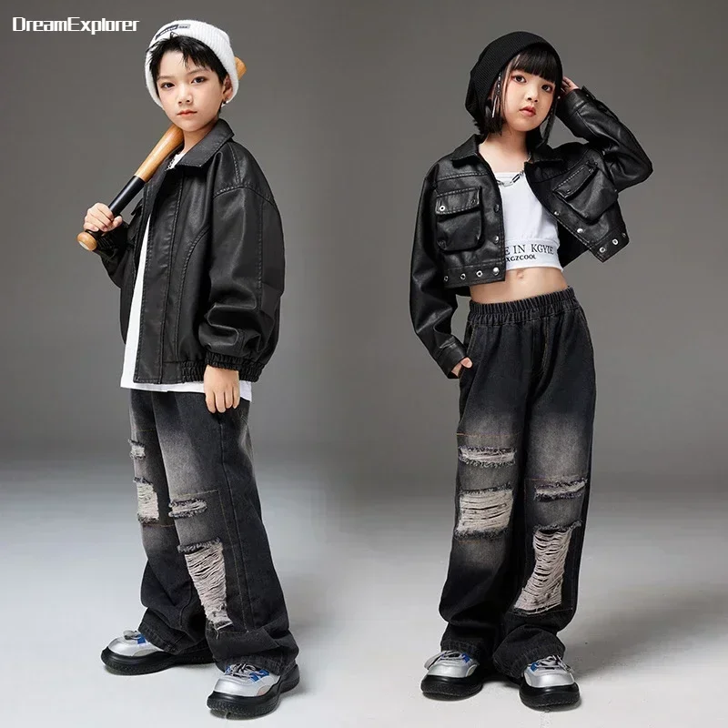 Giacca da moto in pelle corta Hip Hop per ragazze Jeans strappati ragazzi Street Dance cappotto in PU bambino Streetwear bambini set di vestiti Jazz