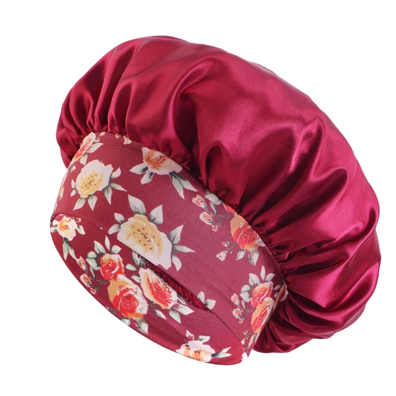 New Women\'s Satin Solid Sleeping Hat Night Sleep Hair Care Bonnet Nightcap Silky Shower Caps Comfortable Flower Band Unisex Cap