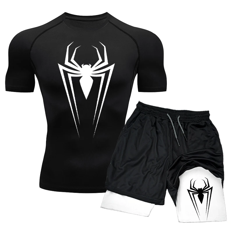 Conjunto de compresión para hombre, Top deportivo de boxeo de manga corta para gimnasio + pantalones cortos de entrenamiento, traje de Rashguard