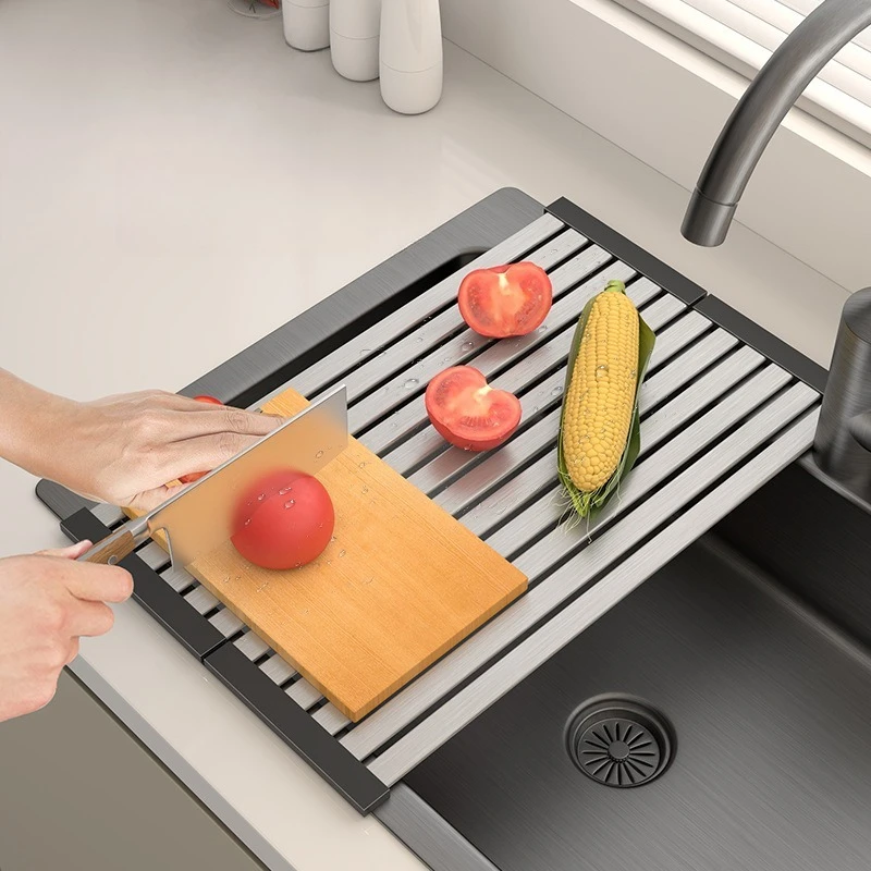304 stainless steel kitchen sink drain rack sink dish rack dish rack collapsible drain basket roller shutter