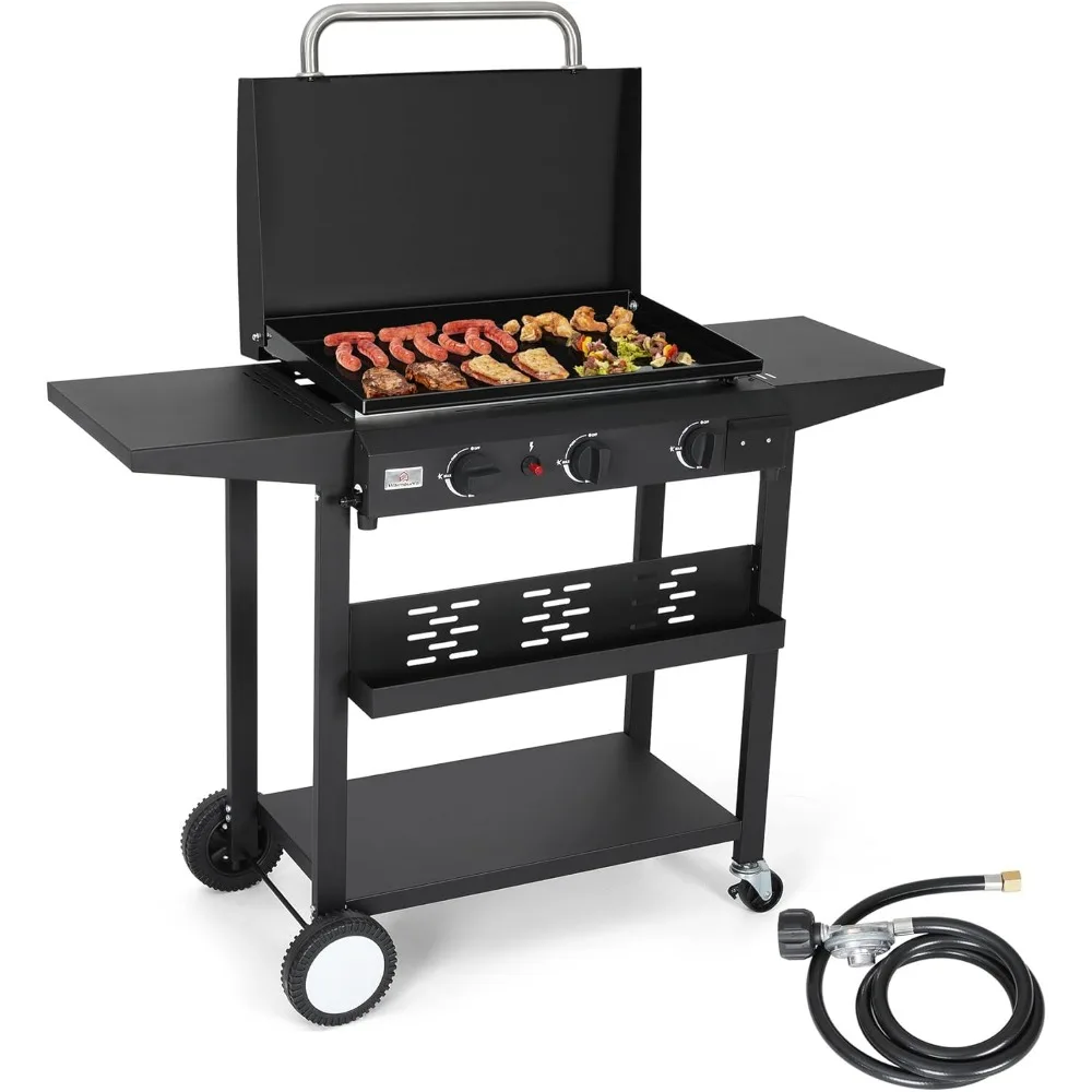 

2-in-1 Propane Griddle, Portable Flat Top Grill with Lid, 3 Burner Stainless Steel Outdoor Griddle 24,600 BTU gas grills with Wh
