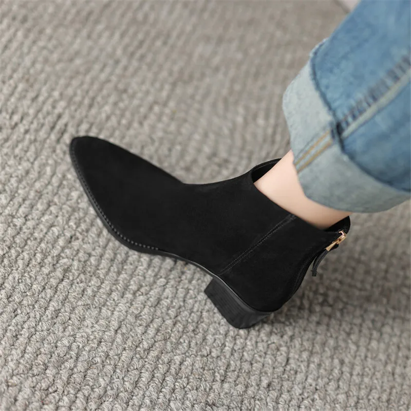 New Autumn Cow Suede Women Boots Pointed Toe Chunky Heel Boots for Women Winter Boots Women Versatile Ankle Boots Zapatos Mujer